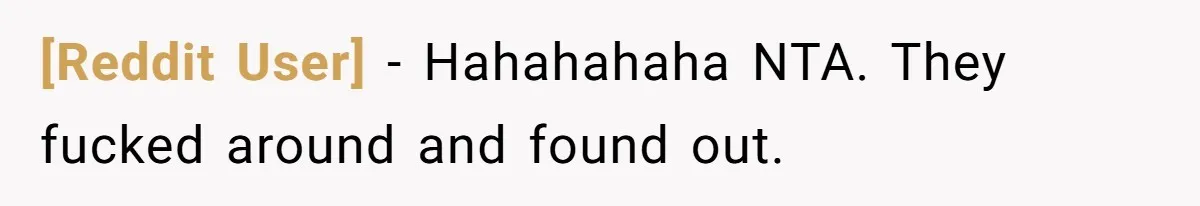[Reddit User] − Hahahahaha NTA. They fucked around and found out.