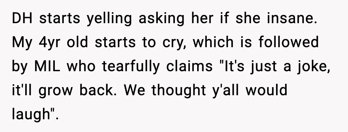 DH starts yelling asking her if she insane. My 4yr old starts to cry, which is followed by MIL who tearfully claims "It's just a joke, it'll grow back. We...