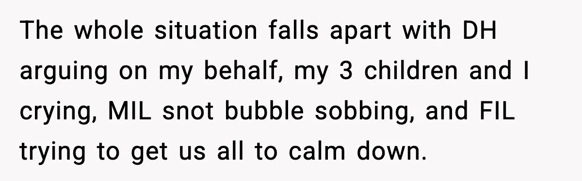 The whole situation falls apart with DH arguing on my behalf, my 3 children and I crying, MIL snot bubble sobbing, and FIL trying to get us all to calm...