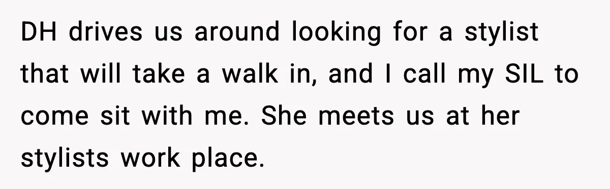 DH drives us around looking for a stylist that will take a walk in, and I call my SIL to come sit with me. She meets us at her stylists...