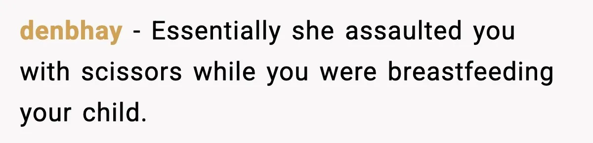 denbhay - Essentially she assaulted you with scissors while you were breastfeeding your child.