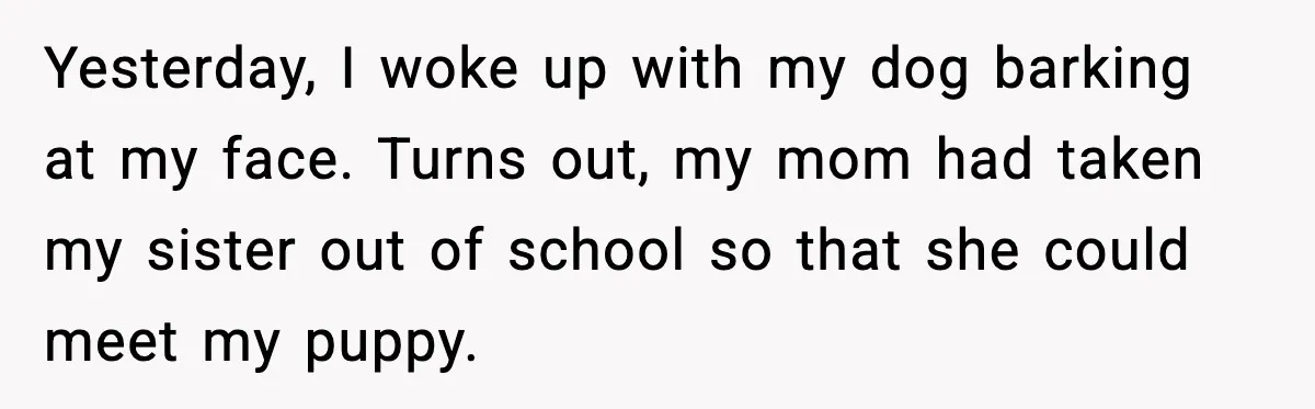 Yesterday, I woke up with my dog barking at my face. Turns out, my mom had taken my sister out of school so that she could meet my puppy.