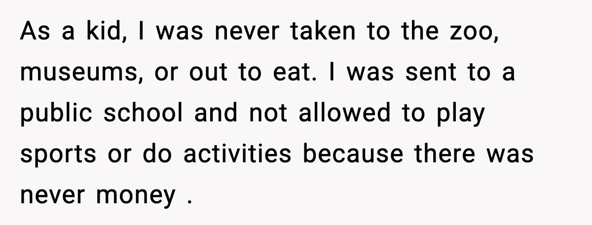 As a kid, I was never taken to the zoo, museums, or out to eat. I was sent to a public school and not allowed to play sports or do...