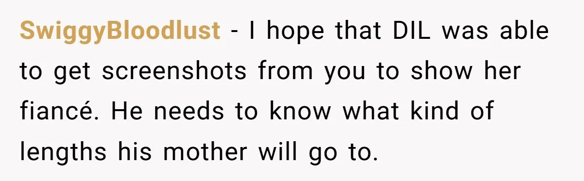 SwiggyBloodlust − I hope that DIL was able to get screenshots from you to show her fiancé. He needs to know what kind of lengths his mother will go to.