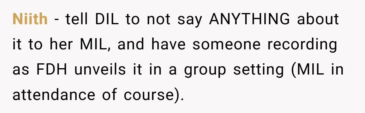 Niith − tell DIL to not say ANYTHING about it to her MIL, and have someone recording as FDH unveils it in a group setting (MIL in attendance of course).