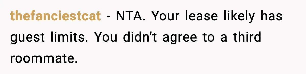 thefanciestcat - NTA. Your lease likely has guest limits. You didn’t agree to a third roommate.