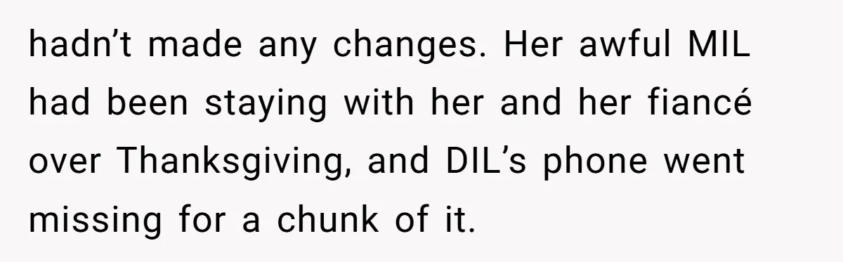 hadn’t made any changes. Her awful MIL had been staying with her and her fiancé over Thanksgiving, and DIL’s phone went missing for a chunk of it.