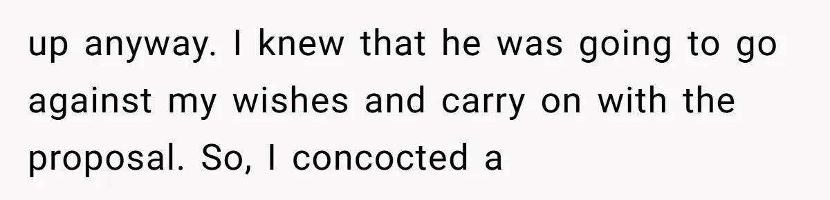 up anyway. I knew that he was going to go against my wishes and carry on with the proposal. So, I concocted a