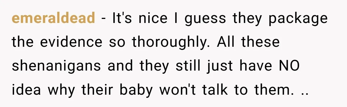 emeraldead − It's nice I guess they package the evidence so thoroughly. All these shenanigans and they still just have NO idea why their baby won't talk to them. ..
