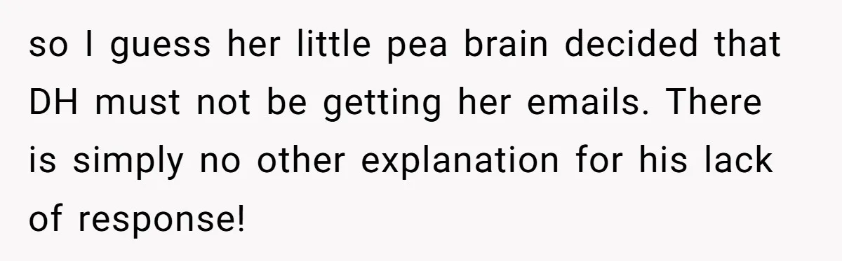 so I guess her little pea brain decided that DH must not be getting her emails. There is simply no other explanation for his lack of response!