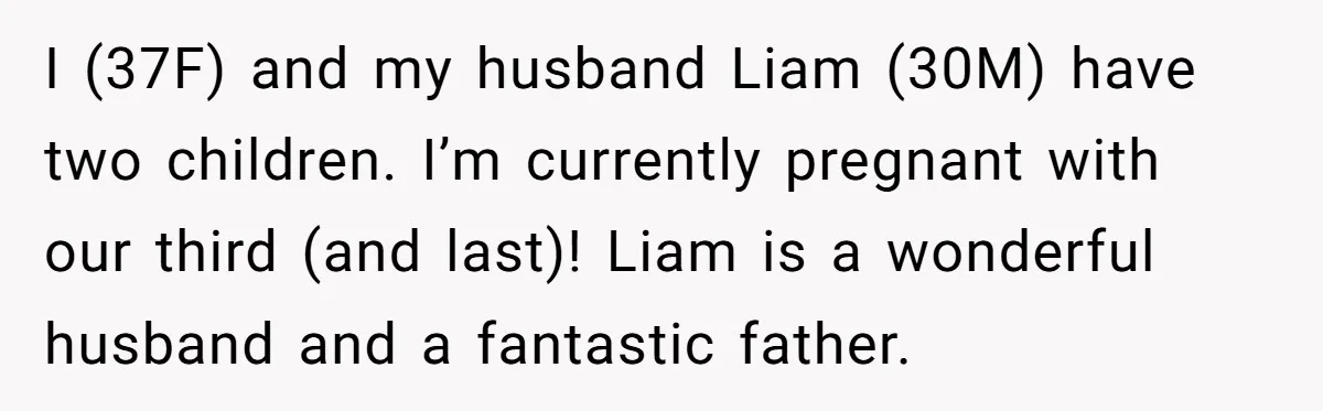 I (37F) and my husband Liam (30M) have two children. I’m currently pregnant with our third (and last)! Liam is a wonderful husband and a fantastic father.