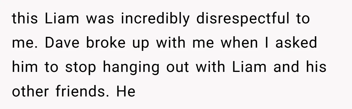this Liam was incredibly disrespectful to me. Dave broke up with me when I asked him to stop hanging out with Liam and his other friends. He