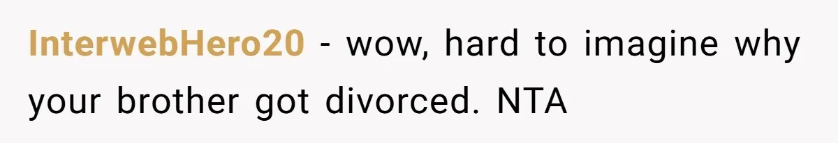 InterwebHero20 − wow, hard to imagine why your brother got divorced. NTA