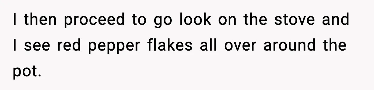I then proceed to go look on the stove and I see red pepper flakes all over around the pot.