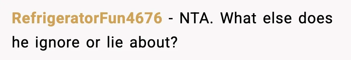 RefrigeratorFun4676 - NTA. What else does he ignore or lie about?