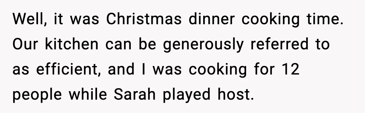Well, it was Christmas dinner cooking time. Our kitchen can be generously referred to as efficient, and I was cooking for 12 people while Sarah played host.