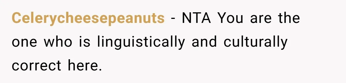 Celerycheesepeanuts − NTA You are the one who is linguistically and culturally correct here.