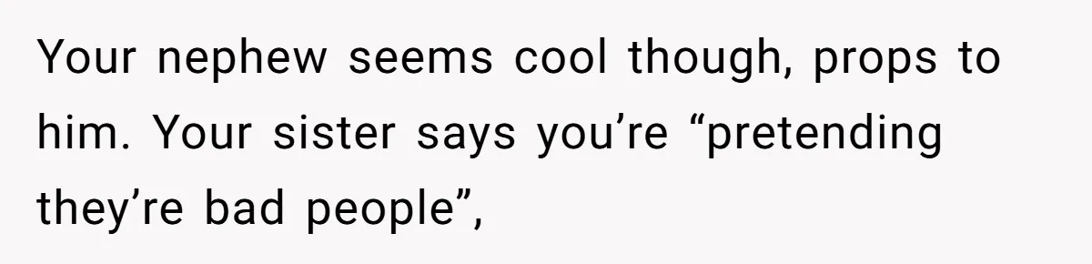 Your nephew seems cool though, props to him. Your sister says you’re “pretending they’re bad people”,
