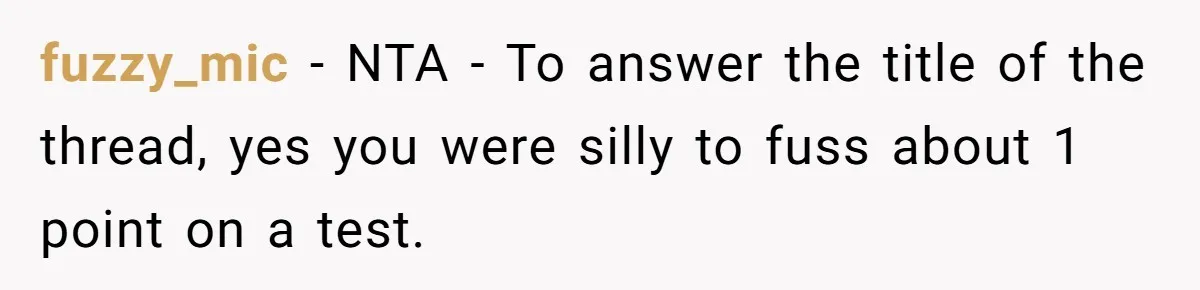 fuzzy_mic − NTA - To answer the title of the thread, yes you were silly to fuss about 1 point on a test.