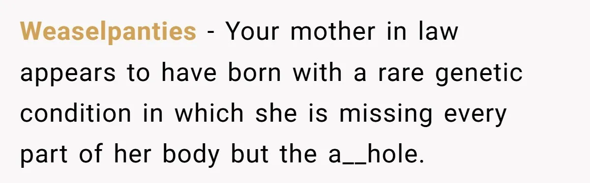 Weaselpanties − Your mother in law appears to have born with a rare genetic condition in which she is missing every part of her body but the a__hole.