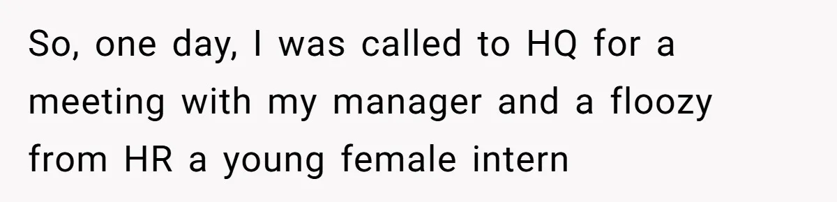 So, one day, I was called to HQ for a meeting with my manager and a floozy from HR a young female intern