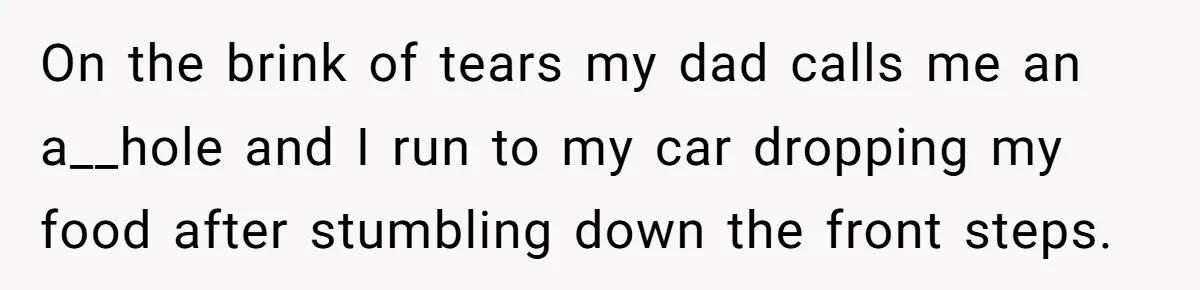 On the brink of tears my dad calls me an a__hole and I run to my car dropping my food after stumbling down the front steps.