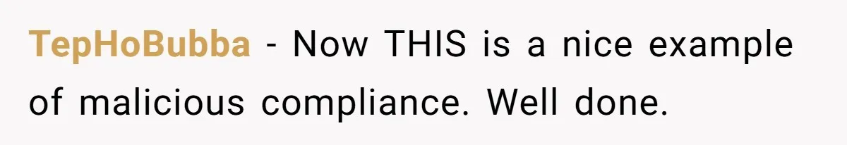 TepHoBubba − Now THIS is a nice example of malicious compliance. Well done.