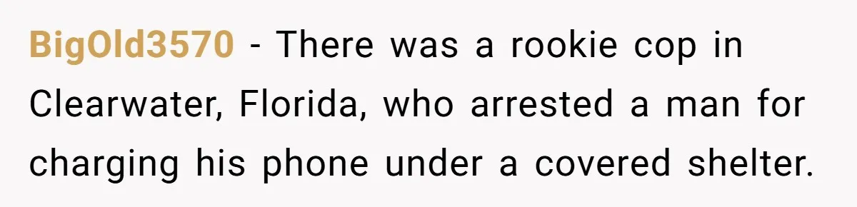 BigOld3570 − There was a rookie cop in Clearwater, Florida, who arrested a man for charging his phone under a covered shelter.