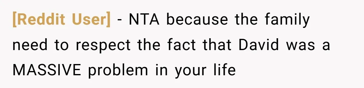 [Reddit User] − NTA because the family need to respect the fact that David was a MASSIVE problem in your life