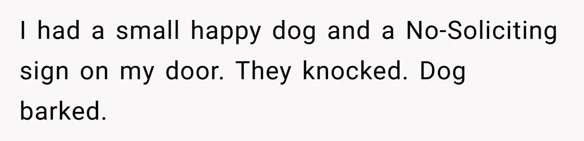 I had a small happy dog and a No-Soliciting sign on my door. They knocked. Dog barked.