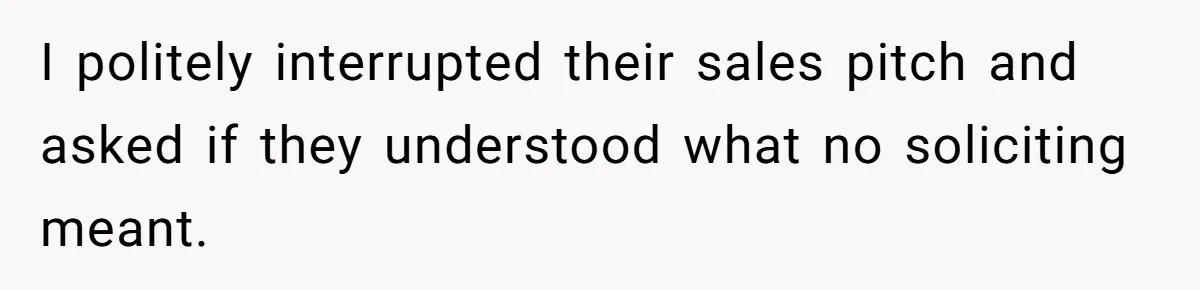 I politely interrupted their sales pitch and asked if they understood what no soliciting meant.