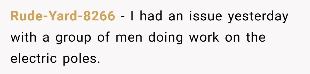 Rude-Yard-8266 − I had an issue yesterday with a group of men doing work on the electric poles.