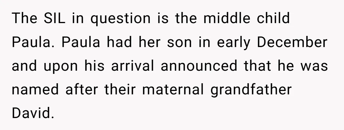 The SIL in question is the middle child Paula. Paula had her son in early December and upon his arrival announced that he was named after their maternal grandfather David.