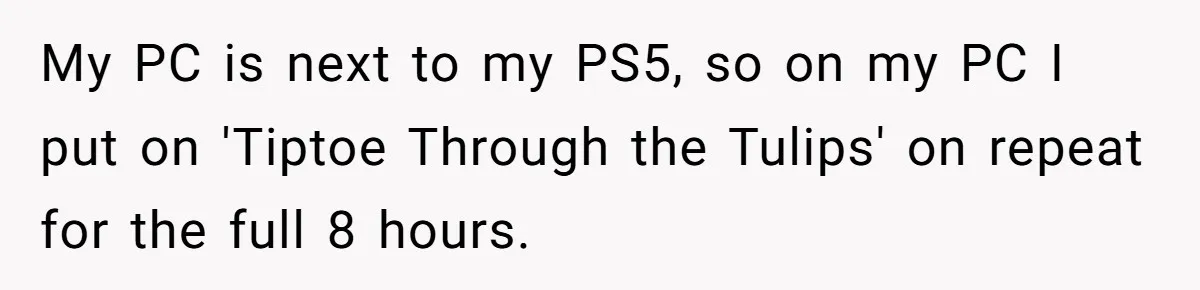 My PC is next to my PS5, so on my PC I put on 'Tiptoe Through the Tulips' on repeat for the full 8 hours.