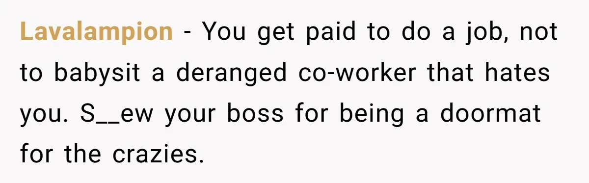 Lavalampion − You get paid to do a job, not to babysit a deranged co-worker that hates you. S__ew your boss for being a doormat for the crazies.