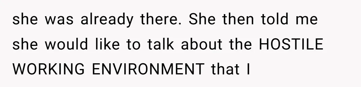 she was already there. She then told me she would like to talk about the HOSTILE WORKING ENVIRONMENT that I