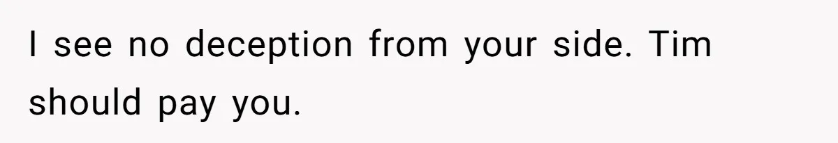 I see no deception from your side. Tim should pay you.