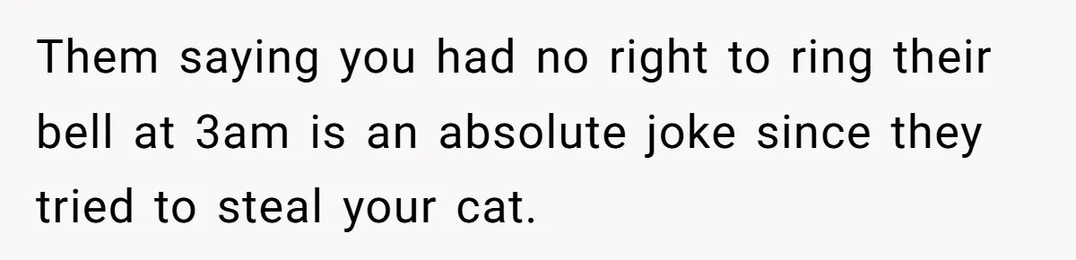 Them saying you had no right to ring their bell at 3am is an absolute joke since they tried to steal your cat.