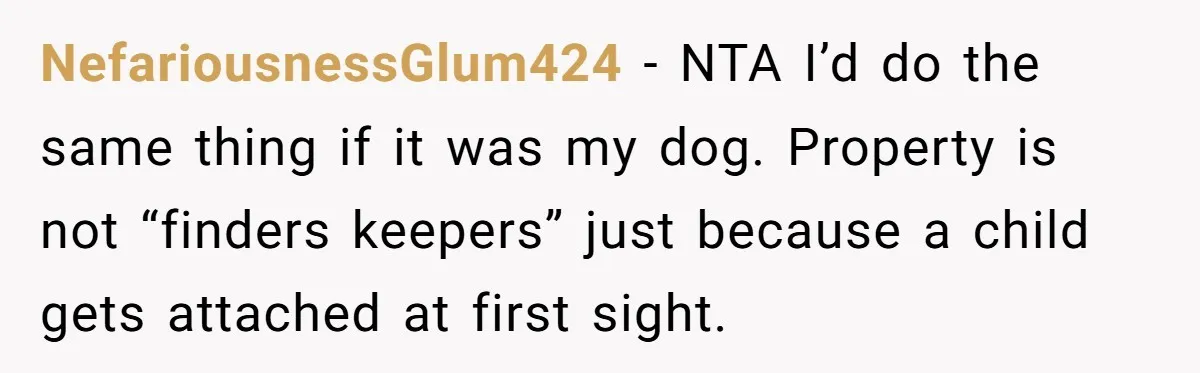 NefariousnessGlum424 - NTA I’d do the same thing if it was my dog. Property is not “finders keepers” just because a child gets attached at first sight.
