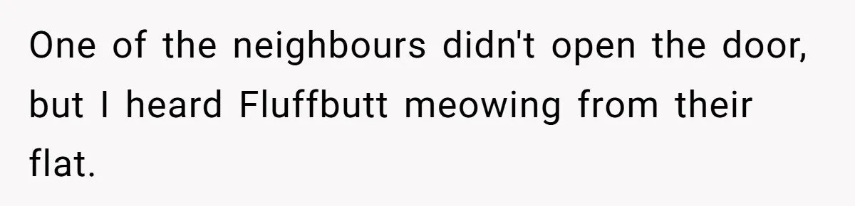 One of the neighbours didn't open the door, but I heard Fluffbutt meowing from their flat.