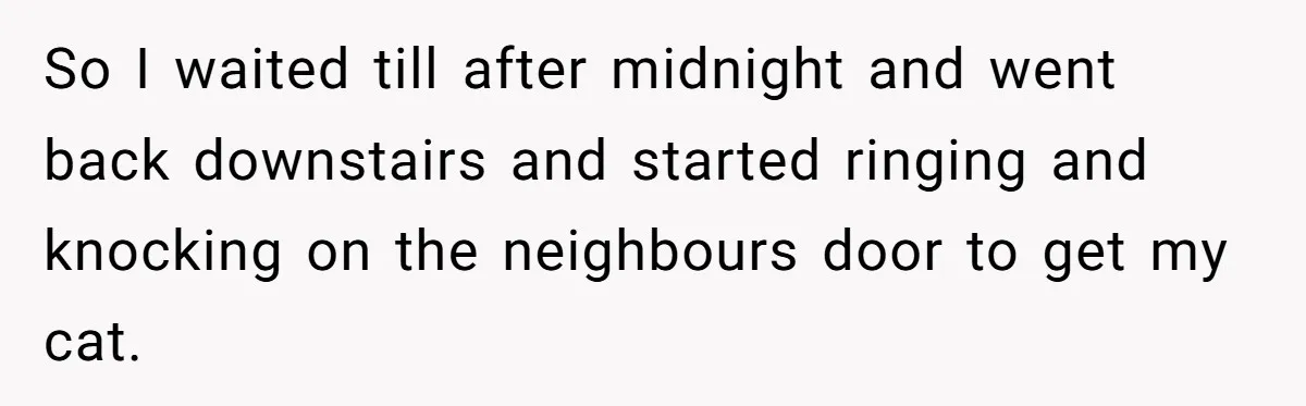 So I waited till after midnight and went back downstairs and started ringing and knocking on the neighbours door to get my cat.