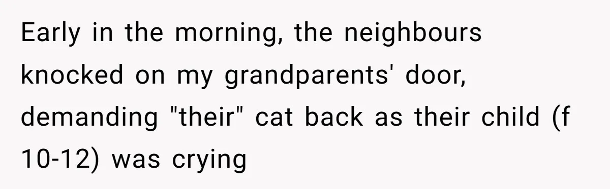 Early in the morning, the neighbours knocked on my grandparents' door, demanding "their" cat back as their child (f 10-12) was crying