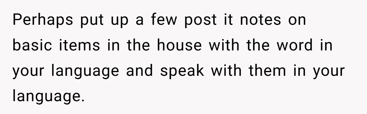 Perhaps put up a few post it notes on basic items in the house with the word in your language and speak with them in your language.