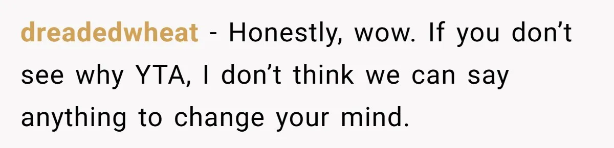 dreadedwheat − Honestly, wow. If you don’t see why YTA, I don’t think we can say anything to change your mind.