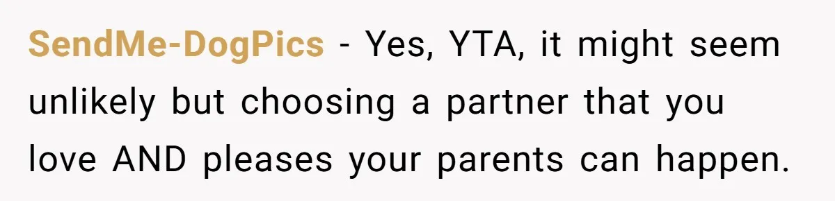 SendMe-DogPics − Yes, YTA, it might seem unlikely but choosing a partner that you love AND pleases your parents can happen.