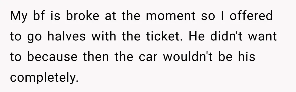 My bf is broke at the moment so I offered to go halves with the ticket. He didn't want to because then the car wouldn't be his completely.