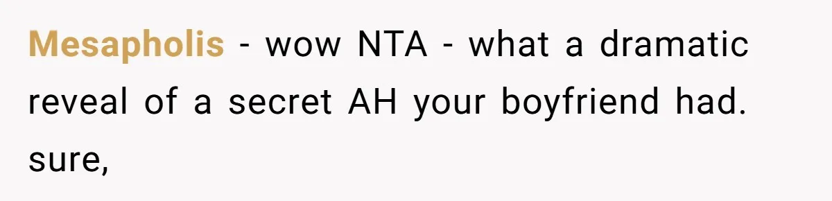 Mesapholis − wow NTA - what a dramatic reveal of a secret AH your boyfriend had. sure,