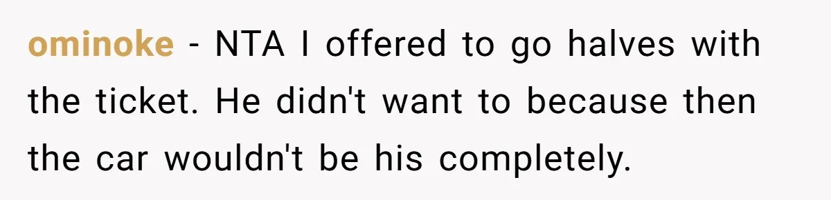 ominoke − NTA I offered to go halves with the ticket. He didn't want to because then the car wouldn't be his completely.