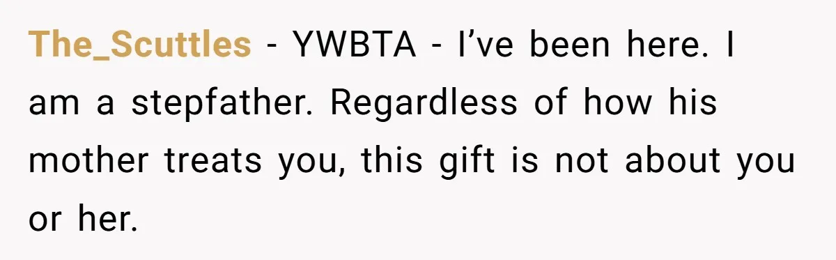 The_Scuttles − YWBTA - I’ve been here. I am a stepfather. Regardless of how his mother treats you, this gift is not about you or her.