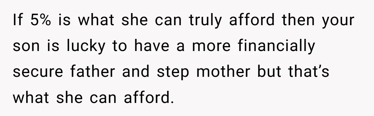 If 5% is what she can truly afford then your son is lucky to have a more financially secure father and step mother but that’s what she can afford.